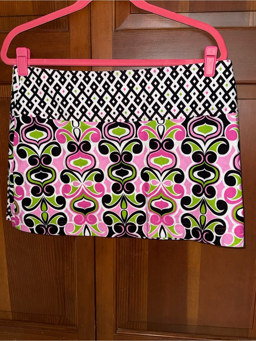 Sizes 2-14 Sweet Spot Fully Reversible Wrap Skirt Pink/Black/Lime Geo Print